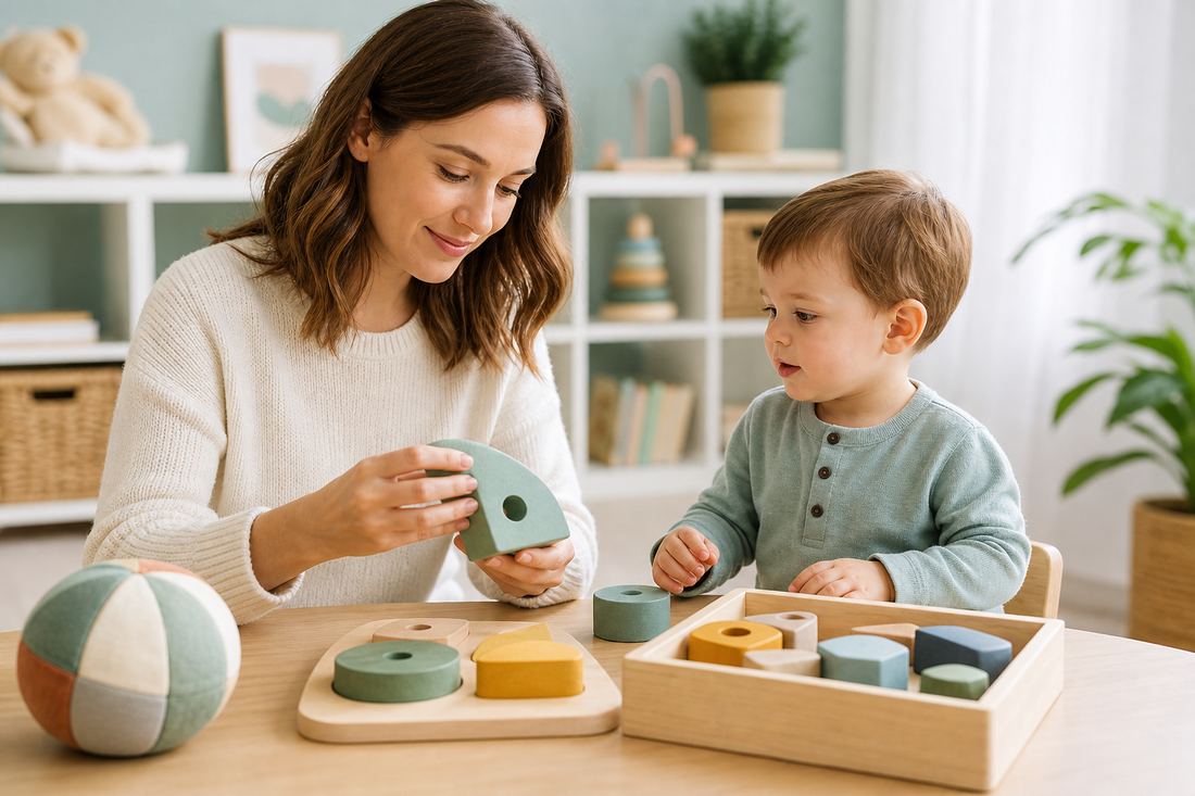 Adulto e criança escolhendo brinquedos seguros para brincar