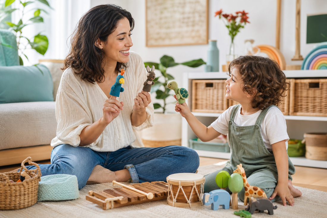 Adulto e criança brincando para estimular fala e imaginação