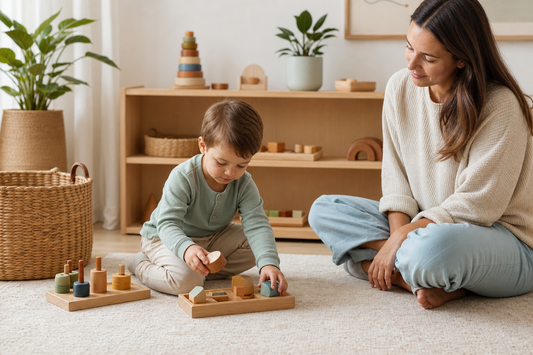 Criança brincando com brinquedos Montessori em ambiente organizado