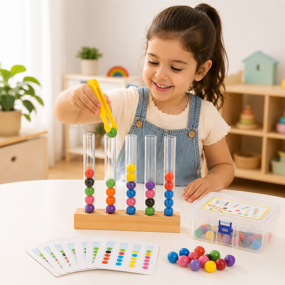 Brinquedo Montessori de cores e coordenação em cenário infantil para visualizar a proposta de brincadeira