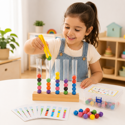 Brinquedo Montessori de cores e coordenação em cenário infantil para visualizar a proposta de brincadeira