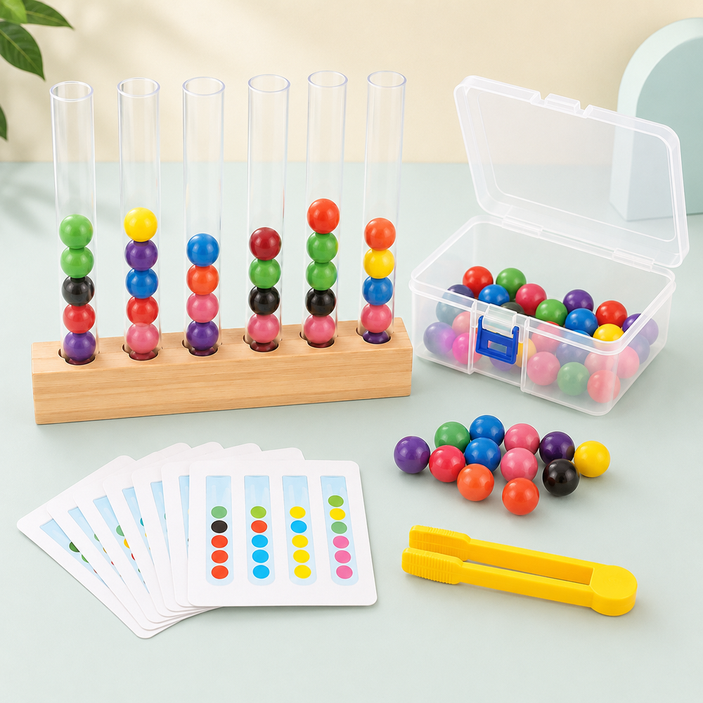 Brinquedo Montessori de cores e coordenação com peças organizadas para entender o conteúdo do conjunto