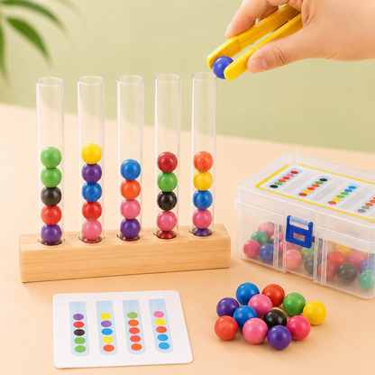 Detalhes de brinquedo Montessori de cores e coordenação para avaliar formato, material e componentes
