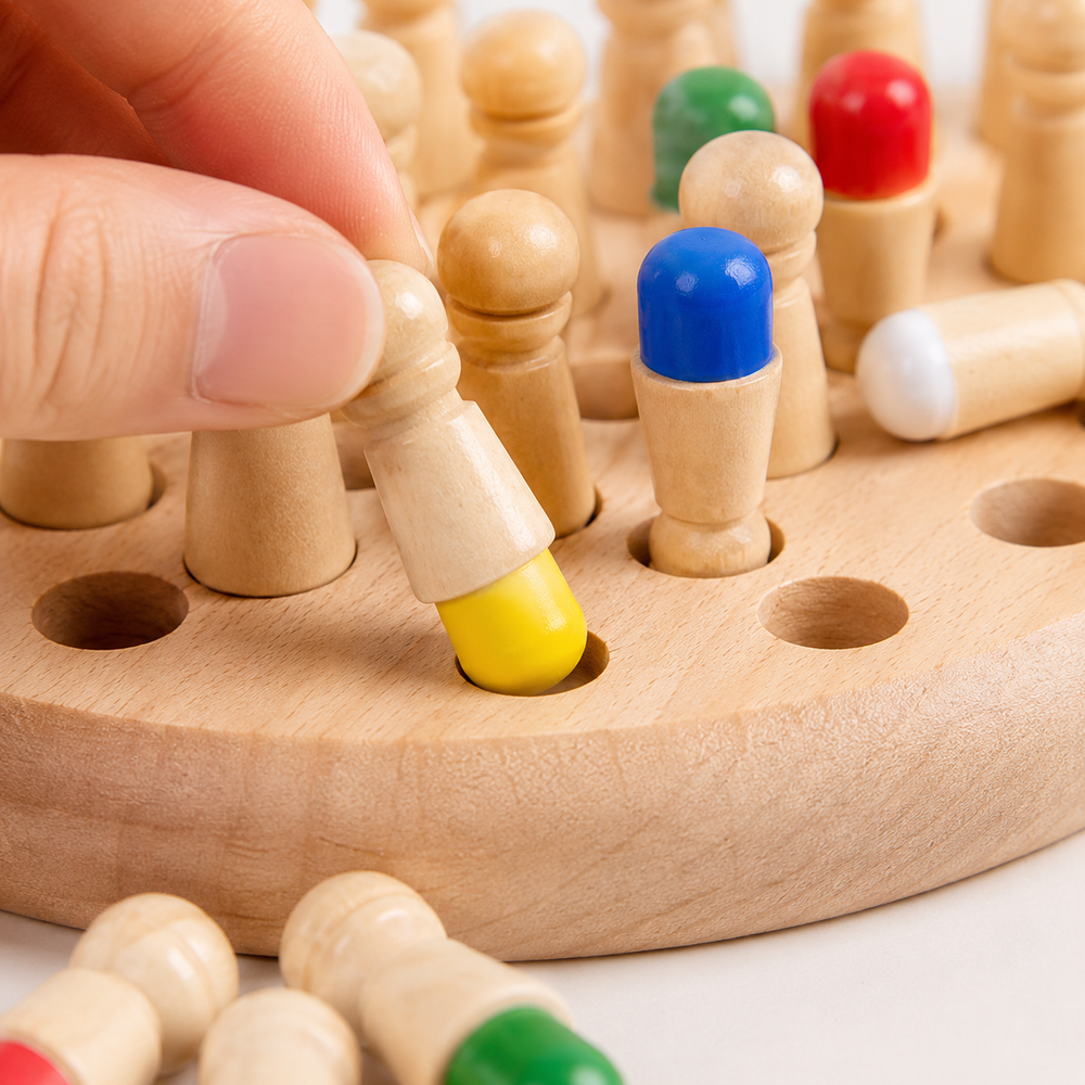 Jogo da memória Montessori em madeira com peças organizadas para entender o conteúdo do conjunto