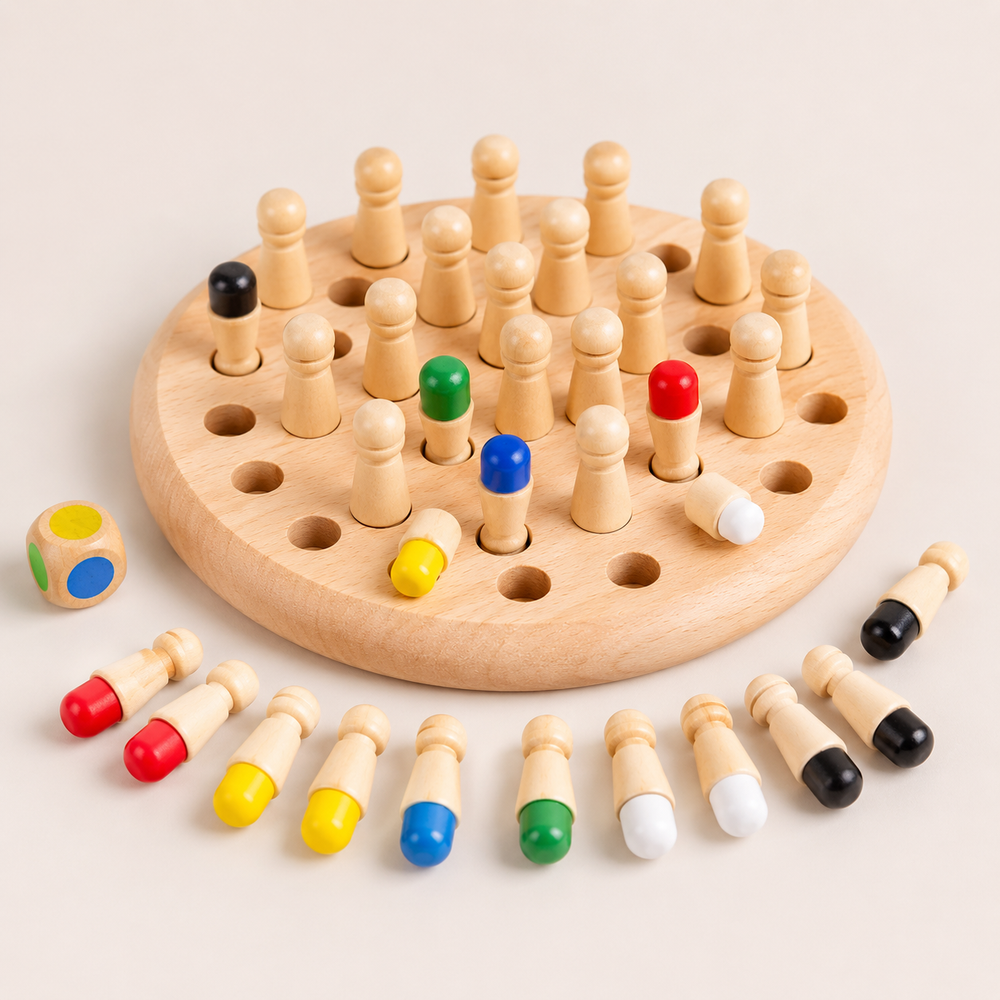 Jogo da memória Montessori em madeira em destaque mostrando cores, peças e acabamento do brinquedo
