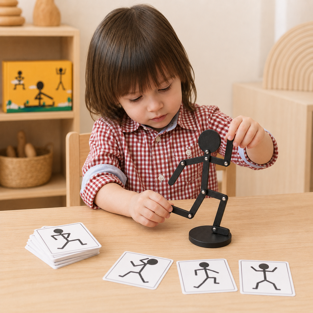 Boneco articulável de madeira Montessori em cenário infantil para visualizar a proposta de brincadeira