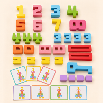Composição visual de blocos numéricos Montessori de madeira para conferir tamanho e aparência