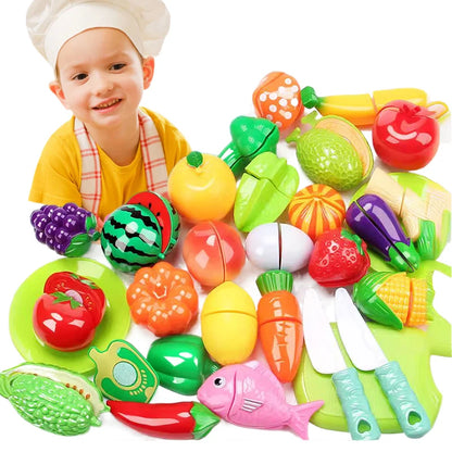Brinquedo de Cozinha Infantil Kit Frutas e Legumes de Cortar em Madeira