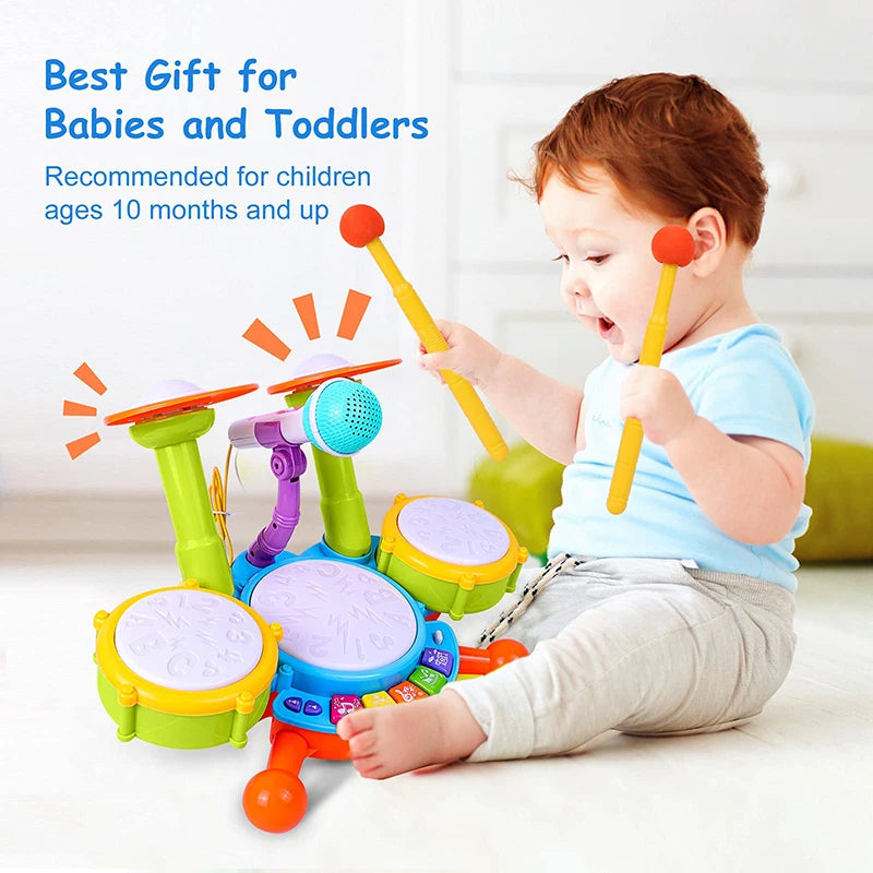 Bateria Infantil Musical com Microfone Brinquedo Educativo Para Bebê
