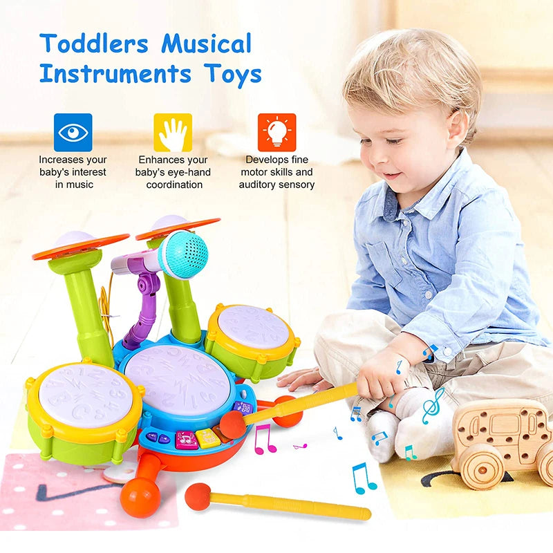 Bateria Infantil Musical com Microfone Brinquedo Educativo Para Bebê