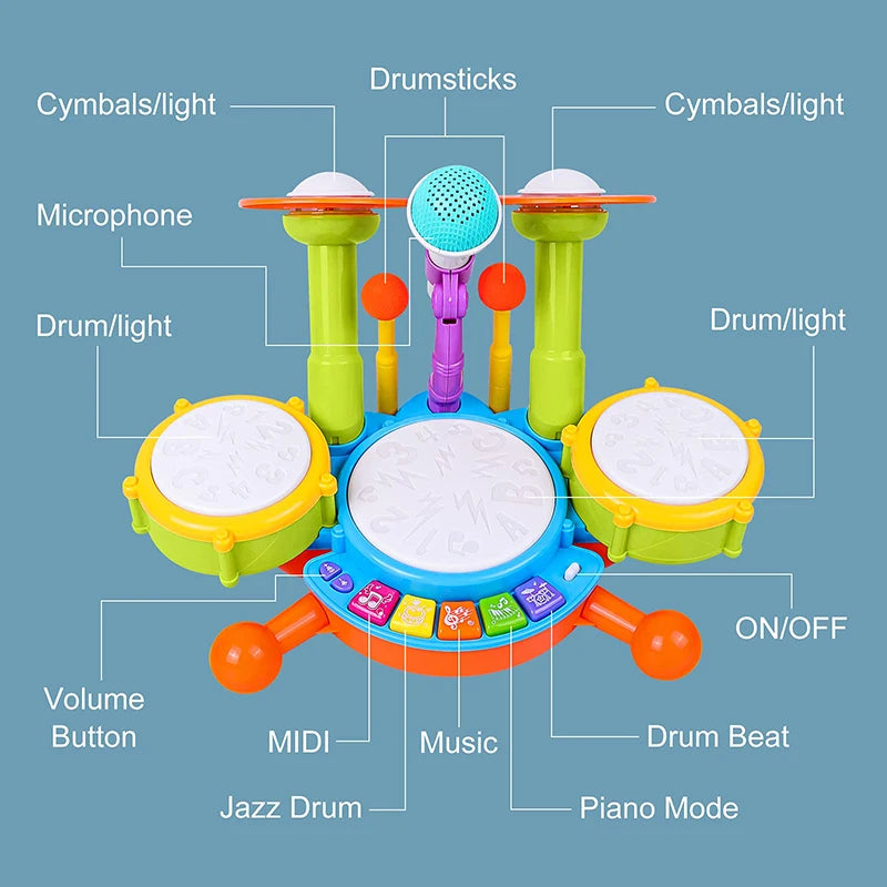 Bateria Infantil Musical com Microfone Brinquedo Educativo Para Bebê
