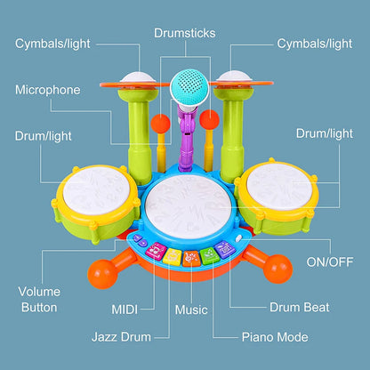 Bateria Infantil Musical com Microfone Brinquedo Educativo Para Bebê