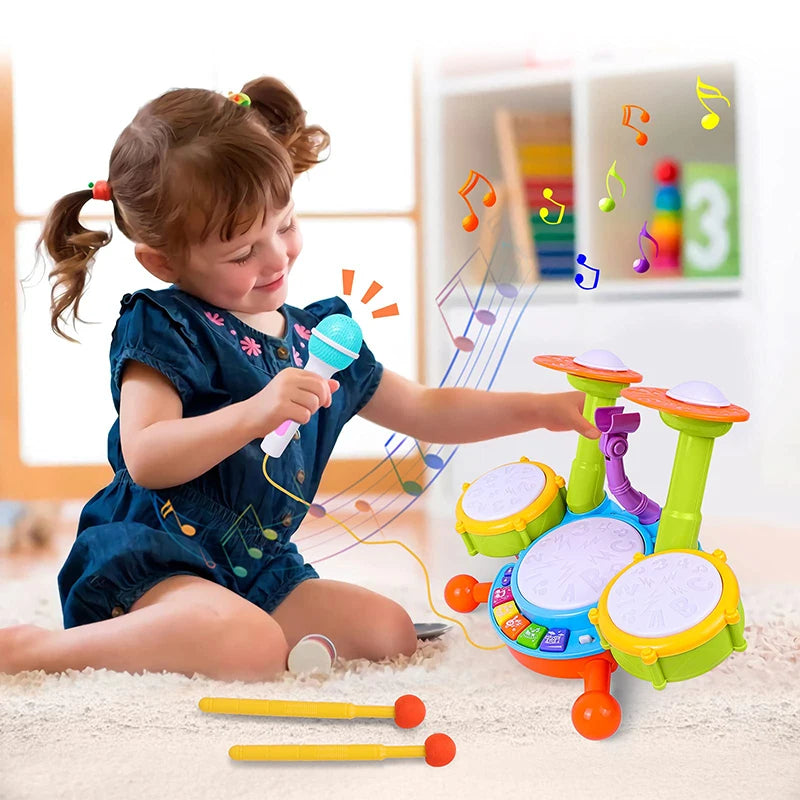 Bateria Infantil Musical com Microfone Brinquedo Educativo Para Bebê