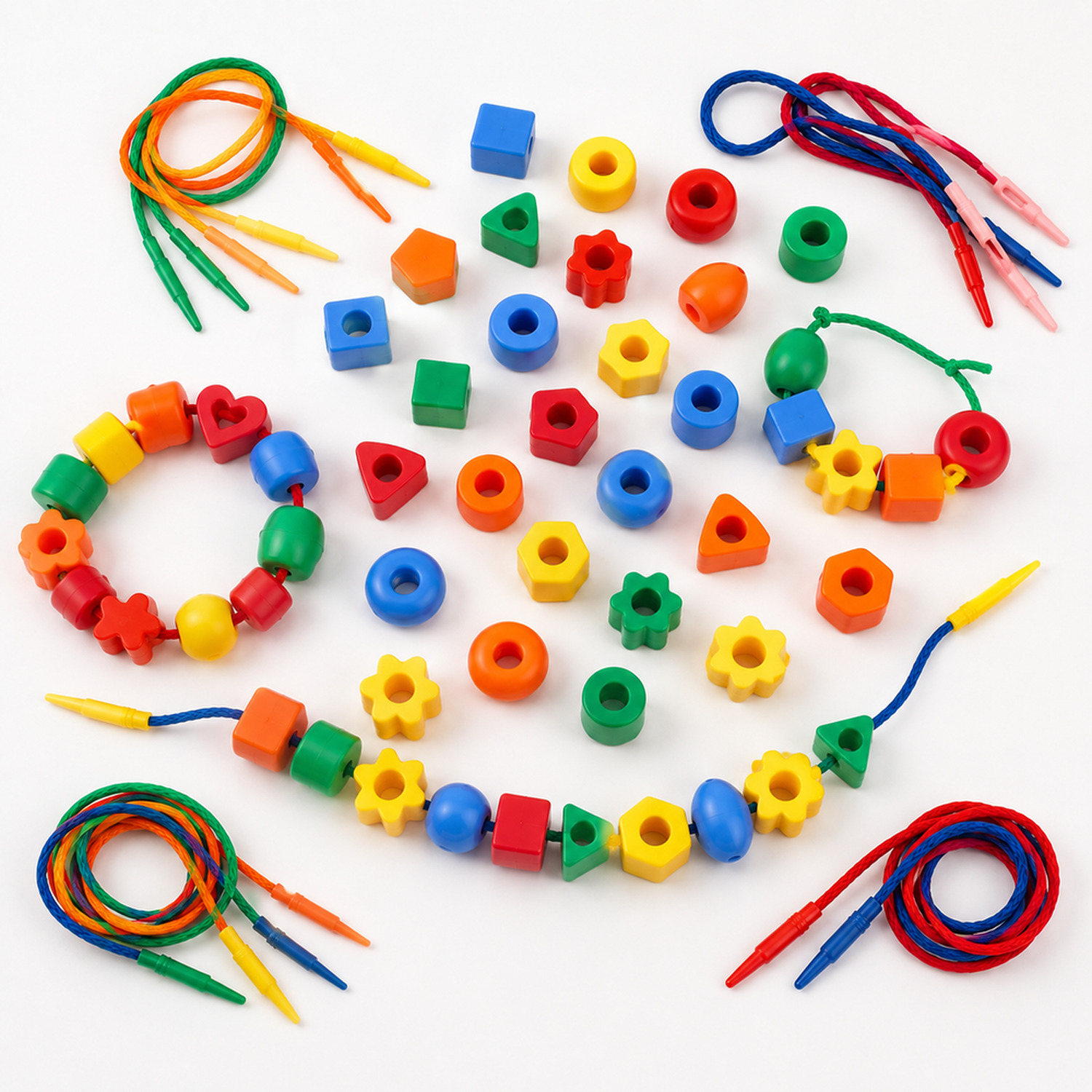 Atividade de passar cordão em contas coloridas no brinquedo de alinhavo Montessori