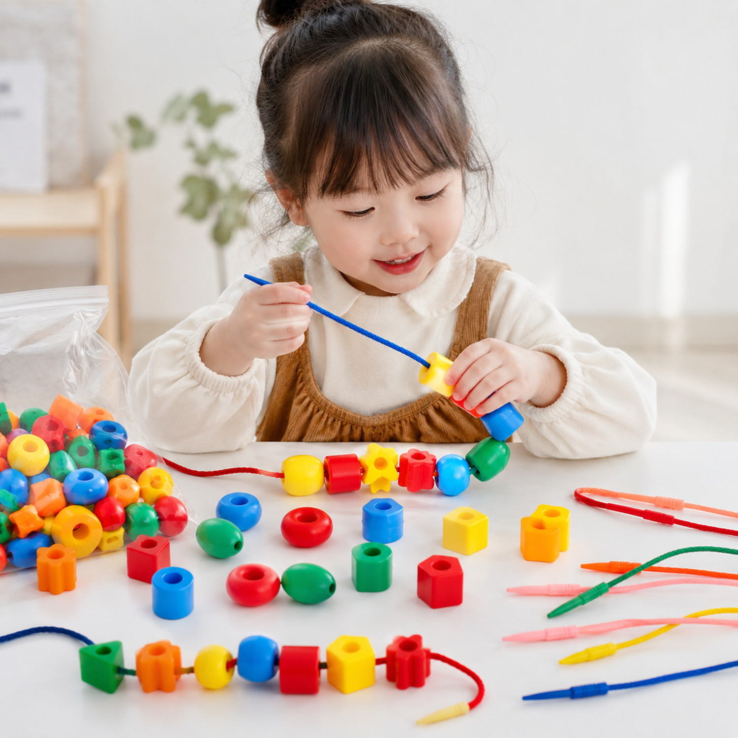 Brincadeira infantil de alinhavo com contas coloridas para coordenação motora