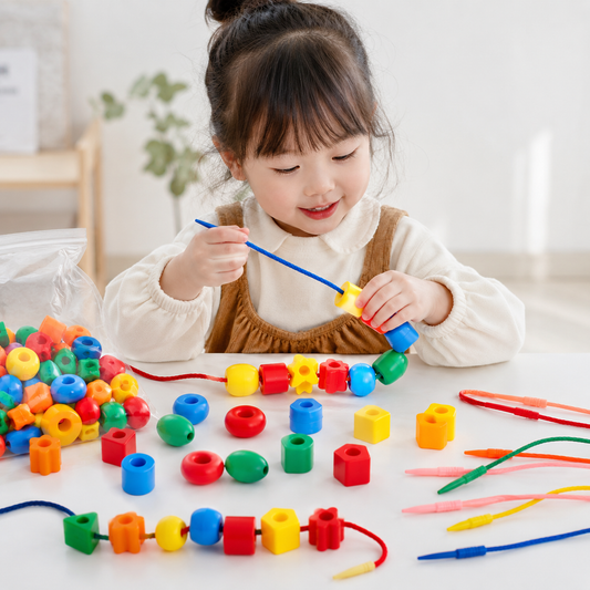 Brincadeira infantil de alinhavo com contas coloridas para coordenação motora