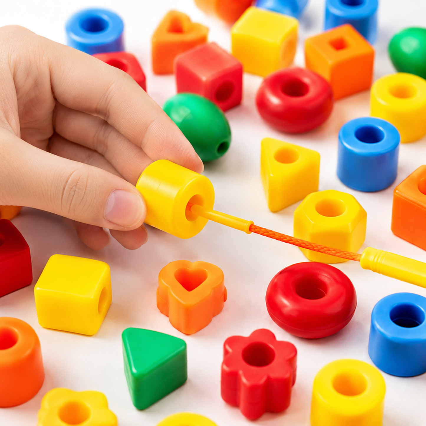 Brinquedo de alinhavo Montessori com contas coloridas e cordões sobre a mesa