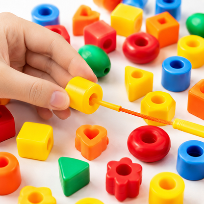 Brinquedo de alinhavo Montessori com contas coloridas e cordões sobre a mesa