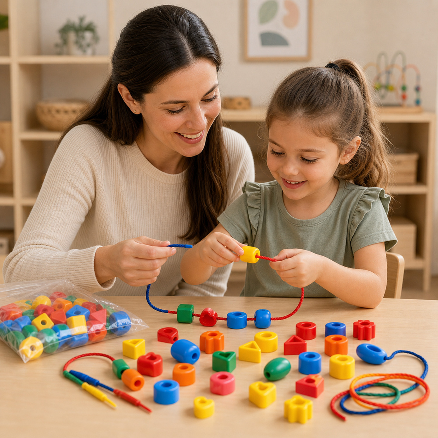 Mãe e criança brincando juntas com contas e cordões de alinhavo Montessori