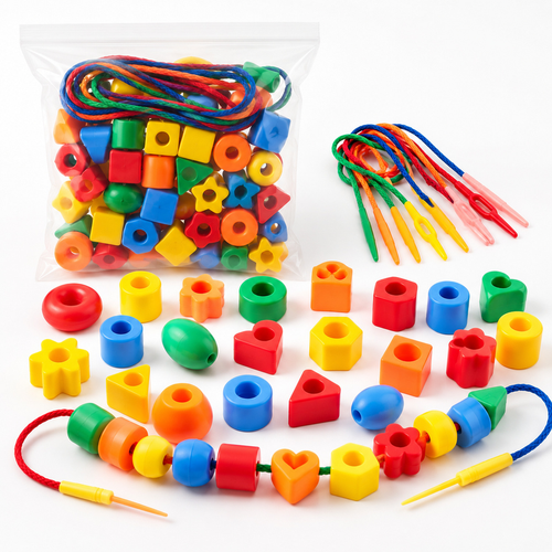 Kit de alinhavo Montessori com contas coloridas e cordões educativos