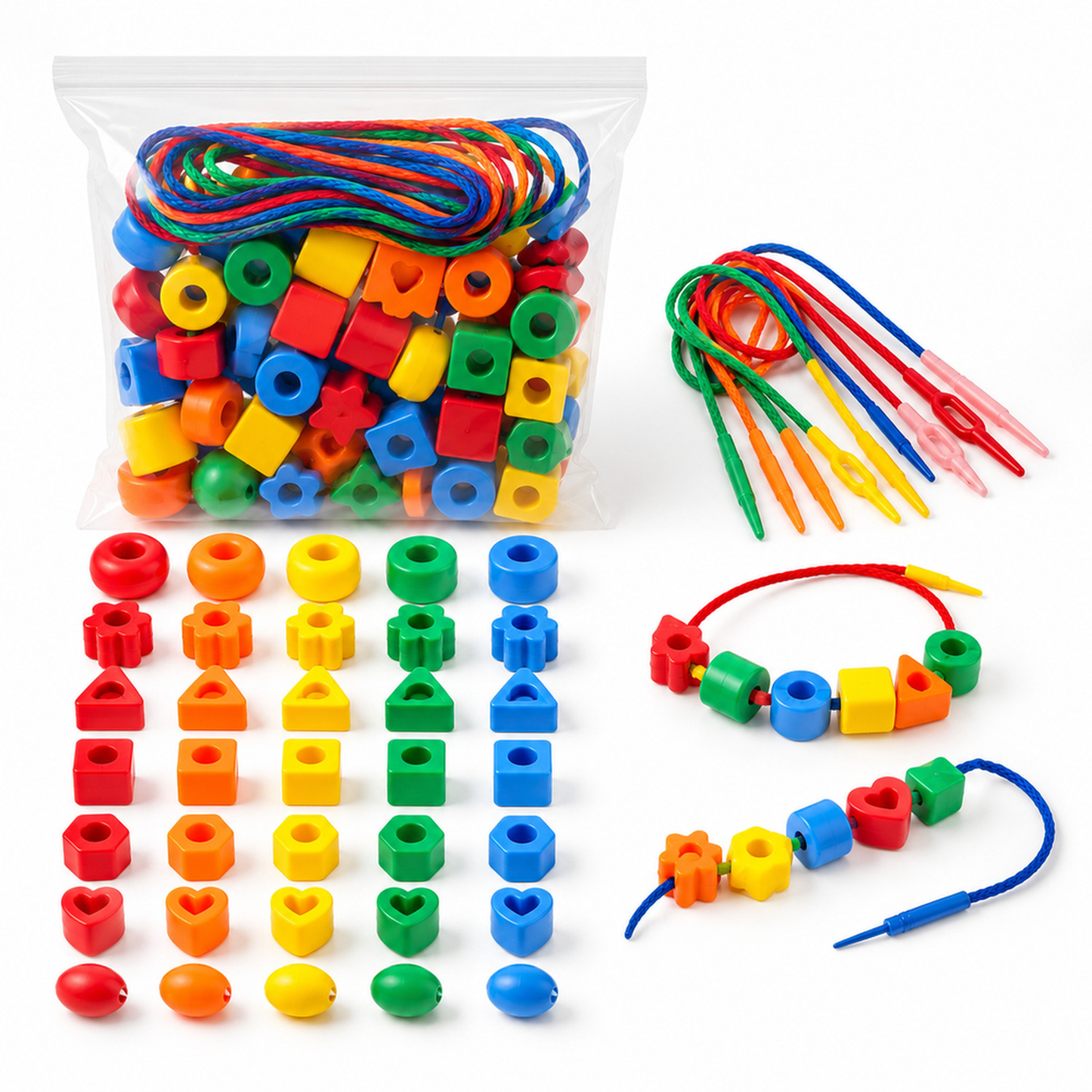 Peças e cordões do brinquedo de alinhavo Montessori para crianças