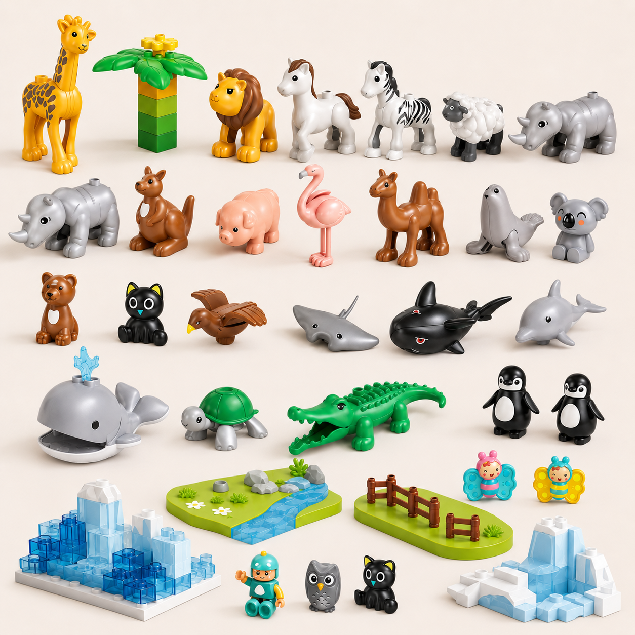Coleção de animais de montar infantil com peças e cenário
