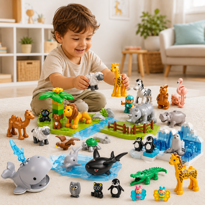 Brinquedo de montar animais infantil em cena lúdica de safari