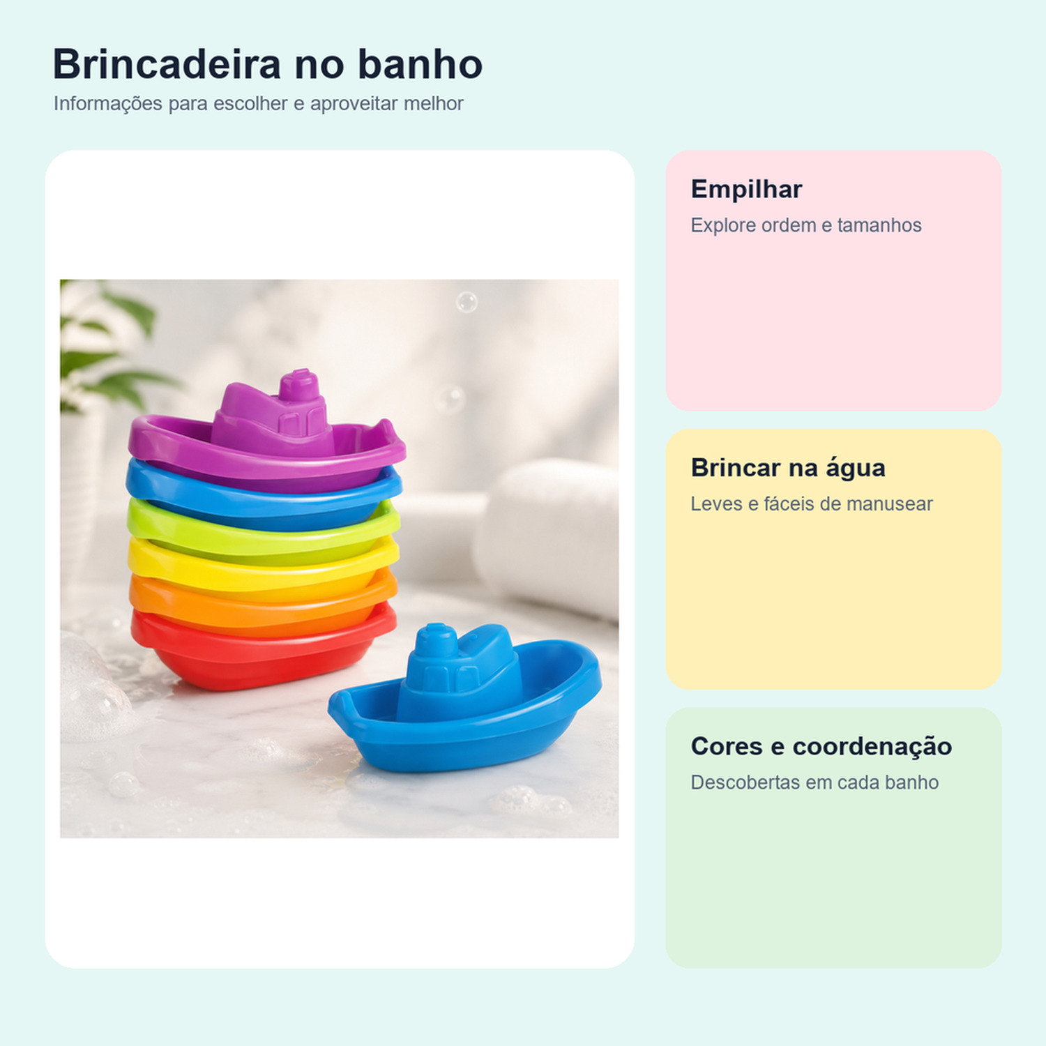 Medidas, conteúdo e benefícios de barquinhos Montessori de empilhar para banho para comparar antes da compra