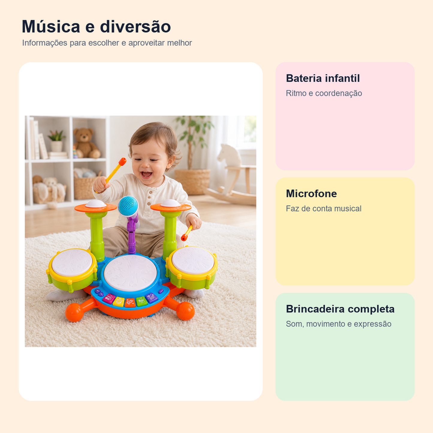 Medidas, conteúdo e benefícios de bateria infantil musical com microfone para comparar antes da compra