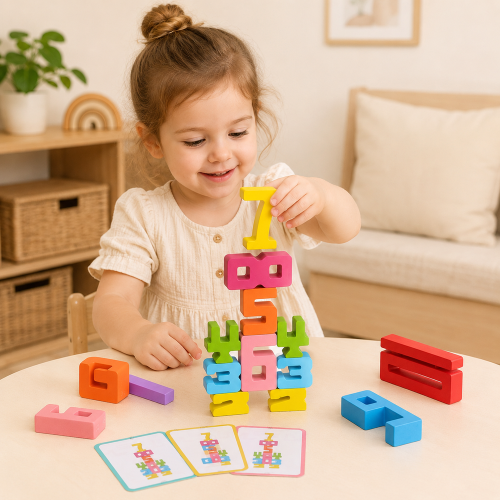 Criança montando blocos numéricos Montessori em ambiente de brincadeira