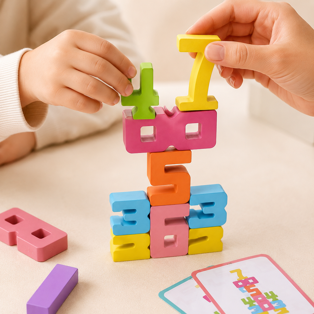 Torre com blocos numéricos Montessori coloridos de madeira
