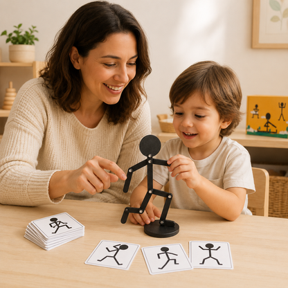 Brincadeira educativa com boneco articulável de madeira