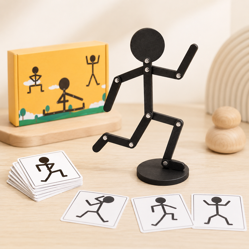 Boneco articulável de madeira com cartões ilustrados para atividades Montessori