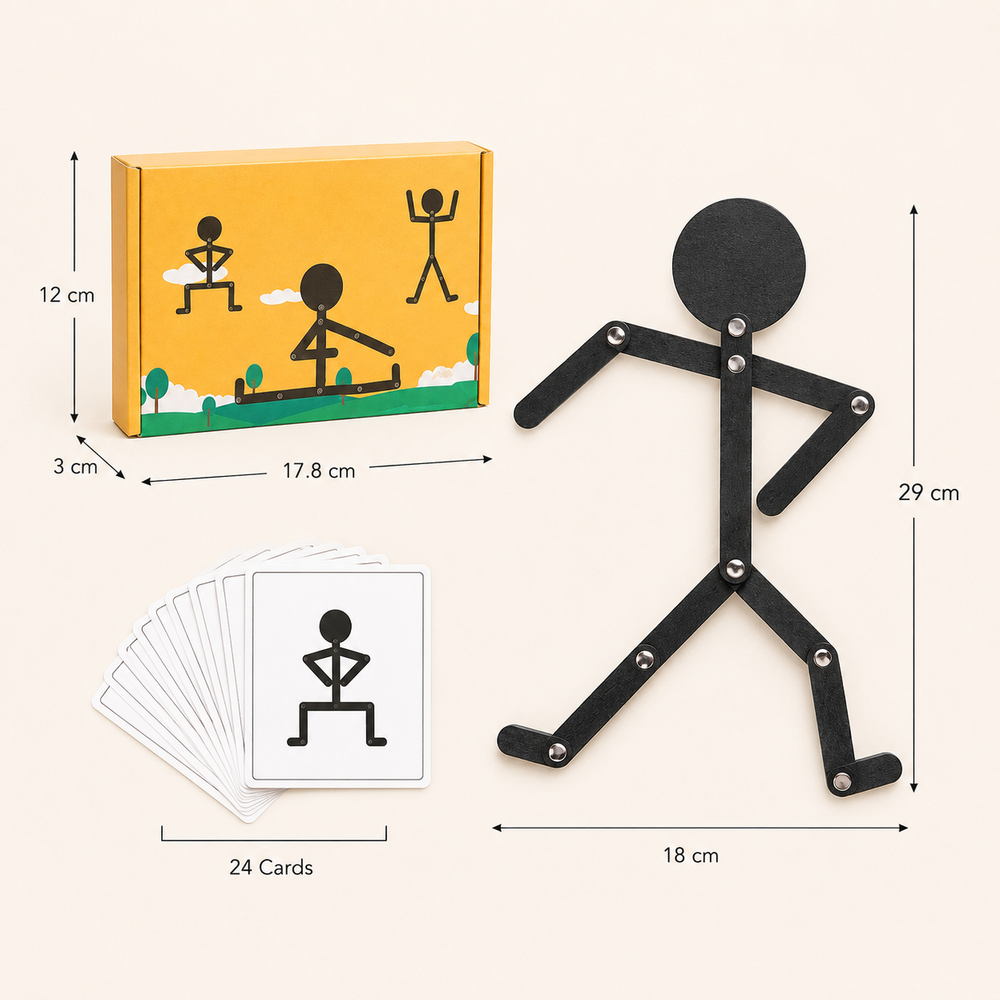 Infográfico de medidas e peças do boneco articulável de madeira