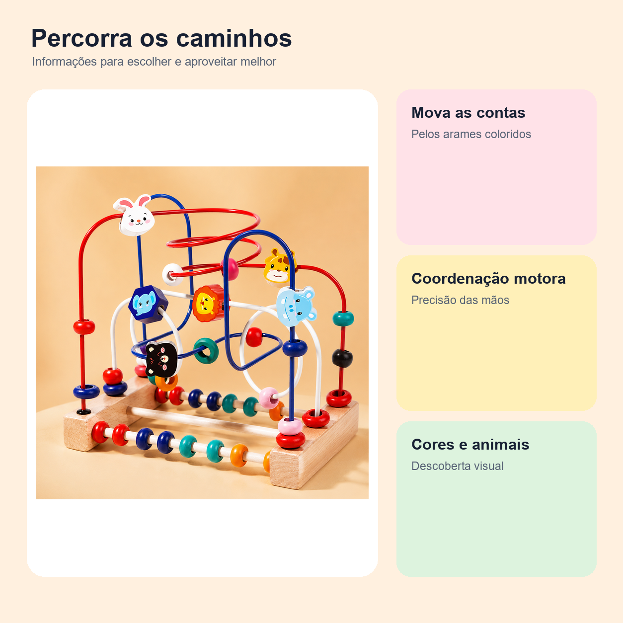 Imagem informativa sobre o produto: Brinquedo Aramado Pedagógico Montessori para Coordenação Motora