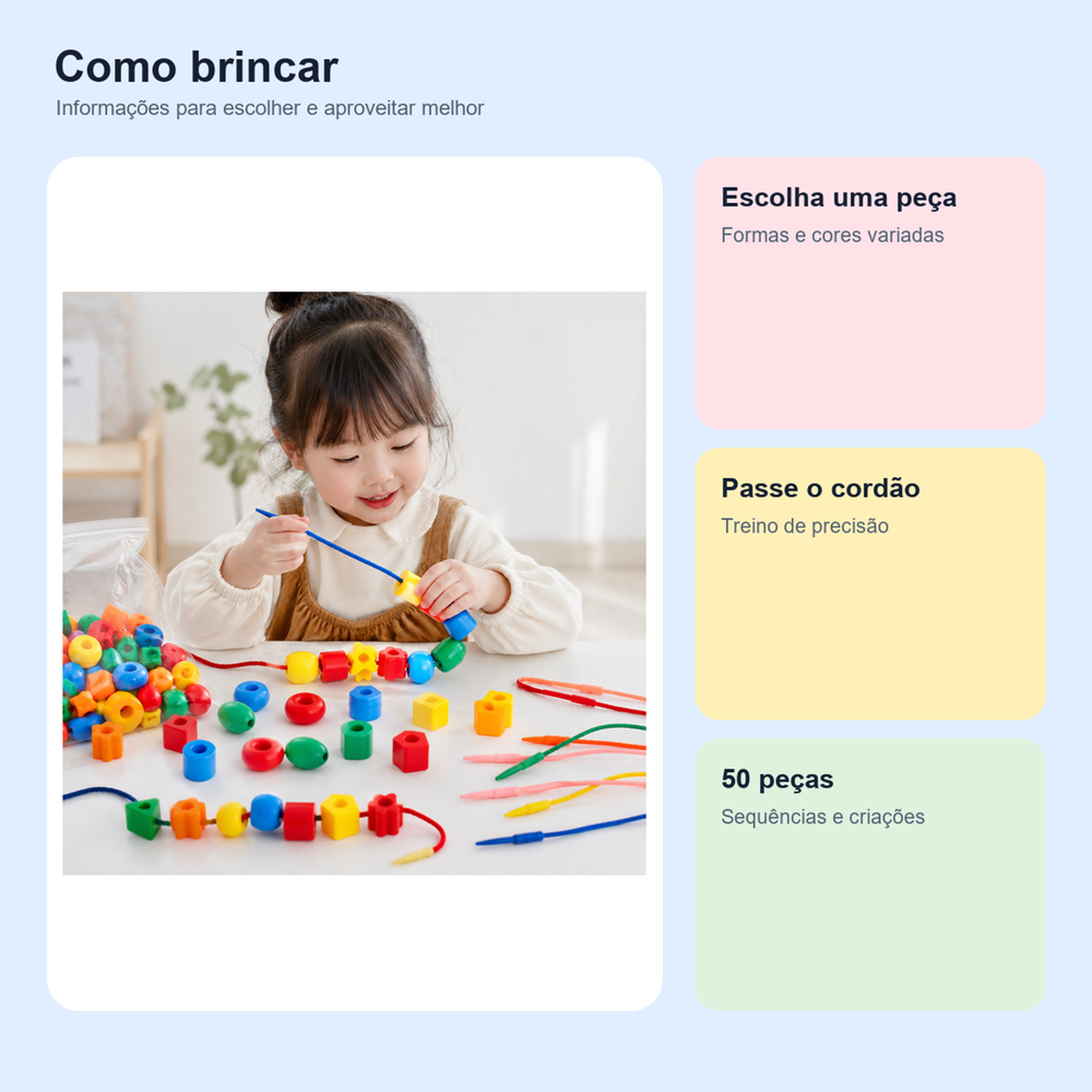 Medidas, conteúdo e benefícios de brinquedo de alinhavo Montessori com formas e cores para comparar antes da compra