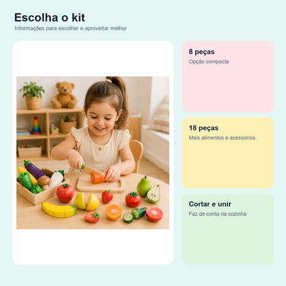 Medidas, conteúdo e benefícios de kit cozinha infantil com frutas e legumes de madeira para comparar antes da compra