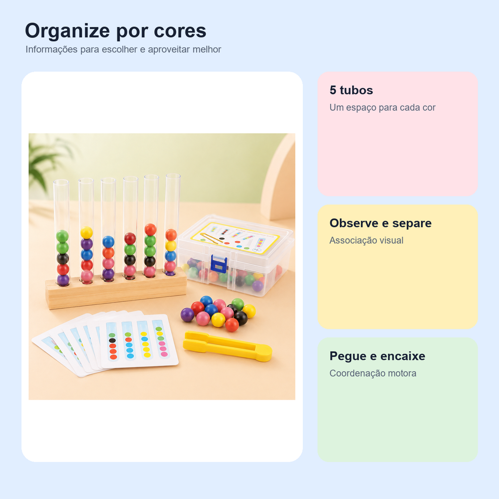 Medidas, conteúdo e benefícios de brinquedo Montessori de cores e coordenação para comparar antes da compra