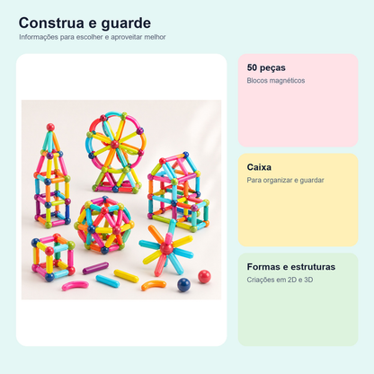 Medidas, conteúdo e benefícios de brinquedo magnético de montar 50 peças para comparar antes da compra