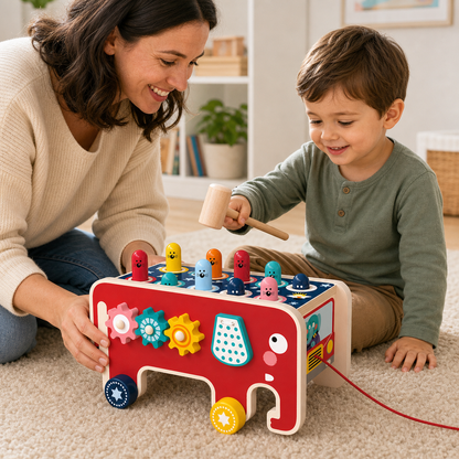 Mãe e criança usando o brinquedo Montessori de madeira com martelo vermelho