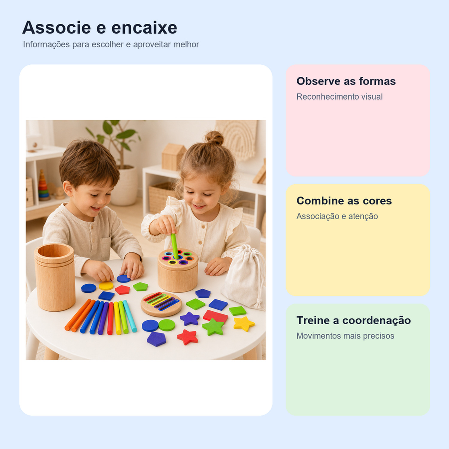 Medidas, conteúdo e benefícios de brinquedo Montessori de encaixe formas e cores para comparar antes da compra
