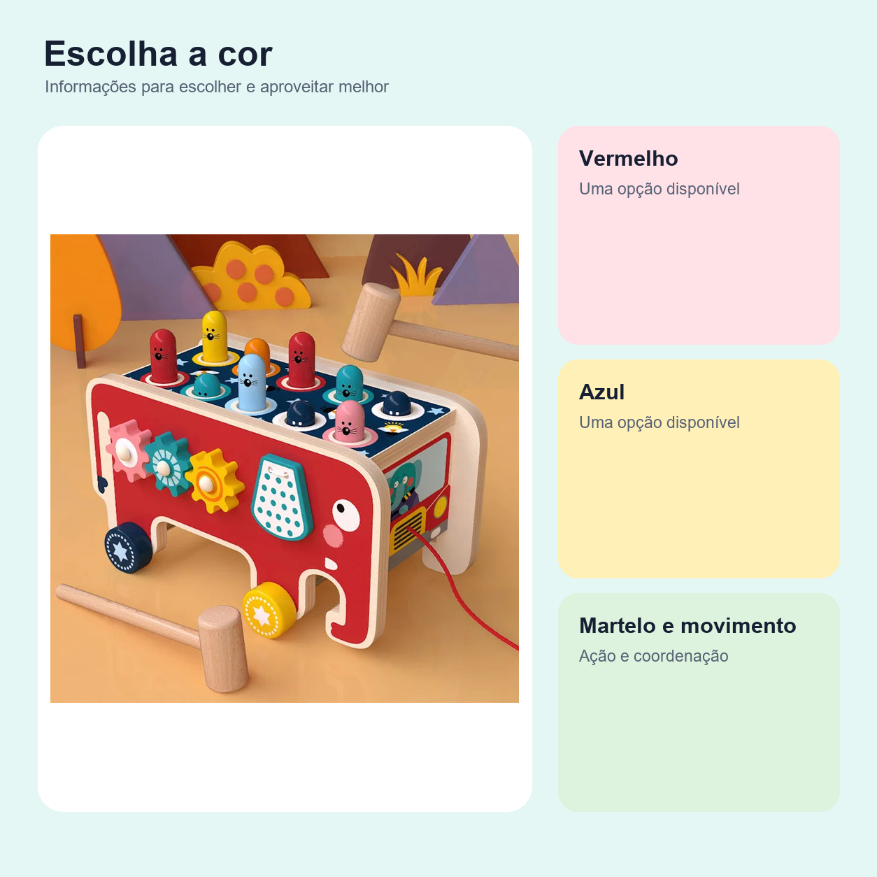 Imagem informativa sobre o produto: Brinquedo Montessori de Madeira com Martelo Educativo Infantil