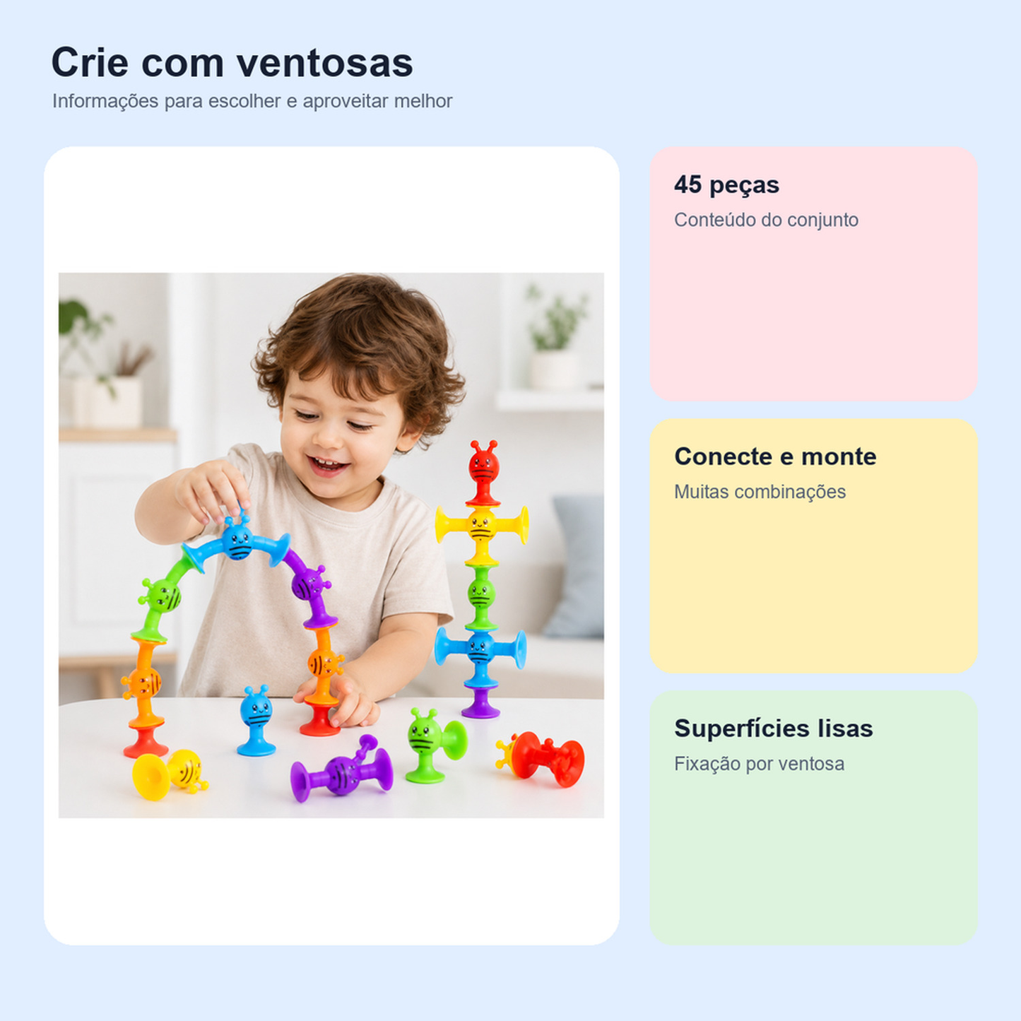 Medidas, conteúdo e benefícios de brinquedo sensorial de montar com ventosas para comparar antes da compra
