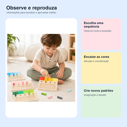 Medidas, conteúdo e benefícios de jogo Montessori de encaixe de cores em madeira para comparar antes da compra
