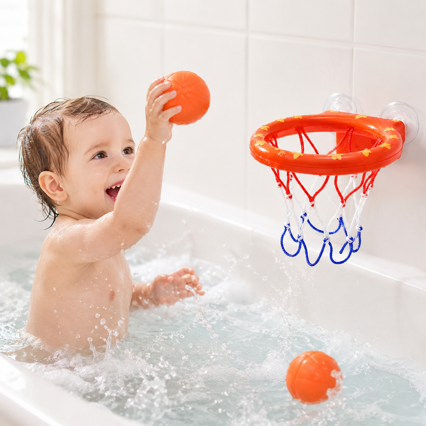 Criança brincando com cesta de basquete infantil no banho