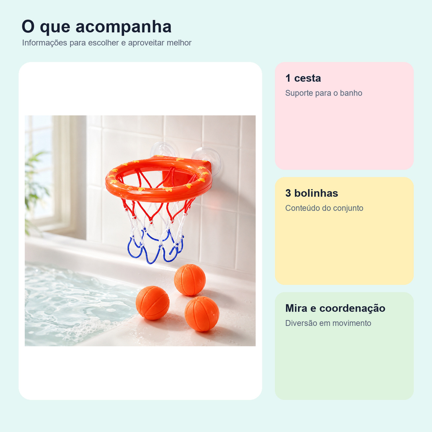 Medidas, conteúdo e benefícios de cesta de basquete infantil de banho para comparar antes da compra