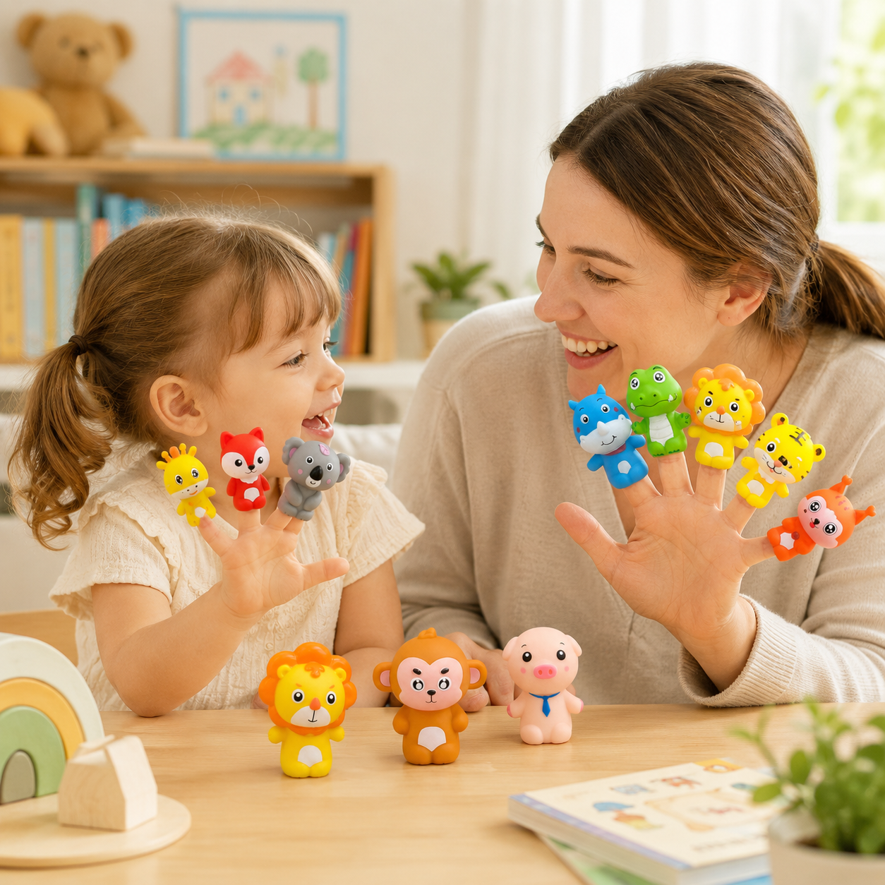 Criança brincando com dedoches de animais para imaginação e linguagem