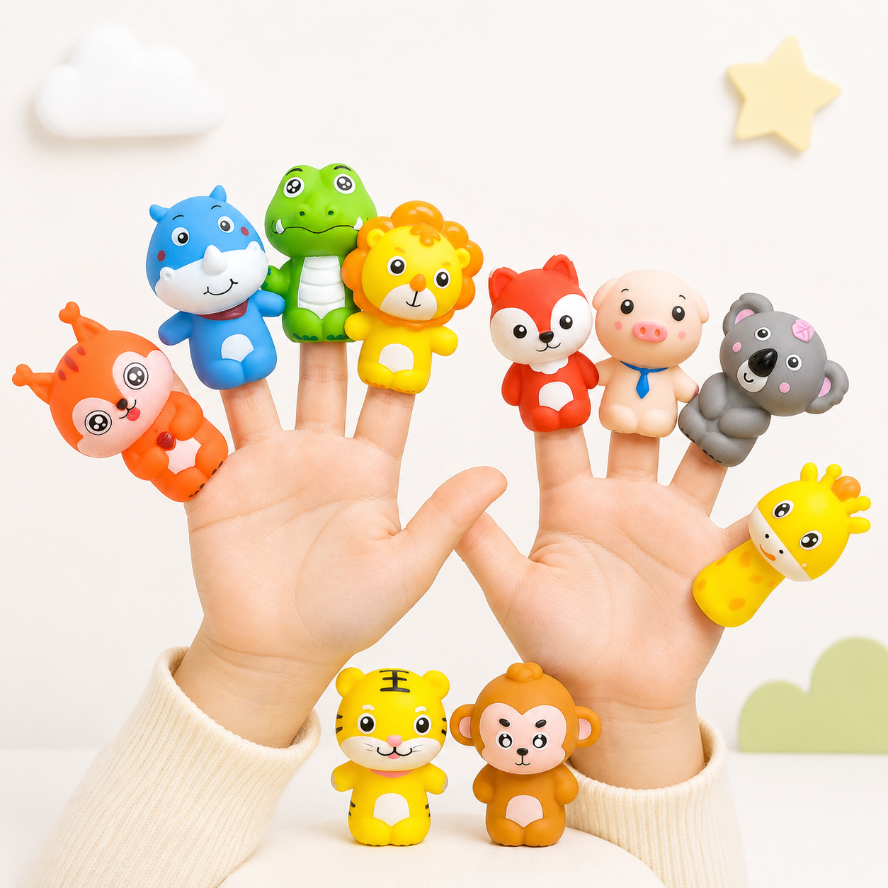 Dedoches de animais coloridos em composição lúdica infantil