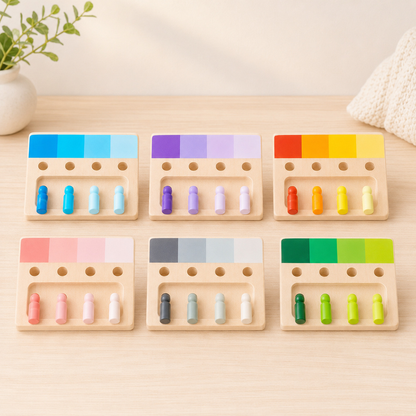 Tabuleiros Montessori de encaixe de cores em madeira sob luz suave