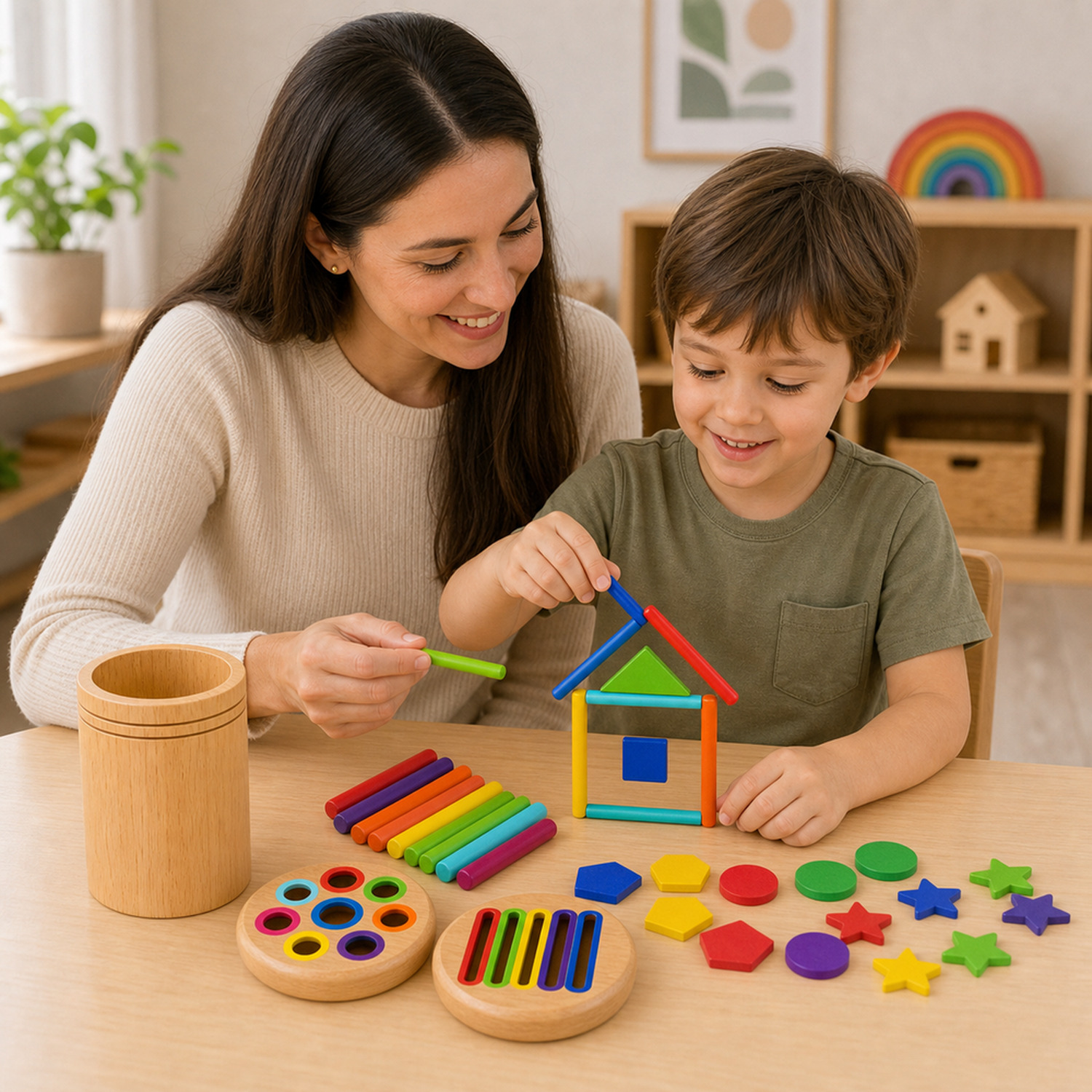 Mãe e criança montando formas coloridas no brinquedo Montessori de madeira
